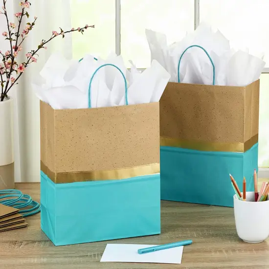 13" Large Paper Gift Bags (Pack of 6 - Turquoise & Kraft) for Birthdays {2}