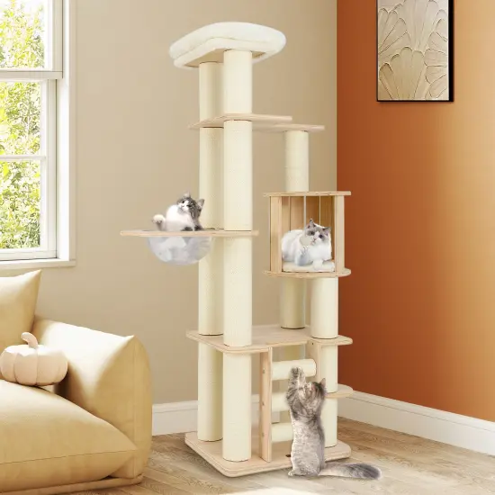 71 Inch Tall Wooden Cat Tree Tower with Soft Padded Plush Cushions Ideal for Indoor Cats {3}