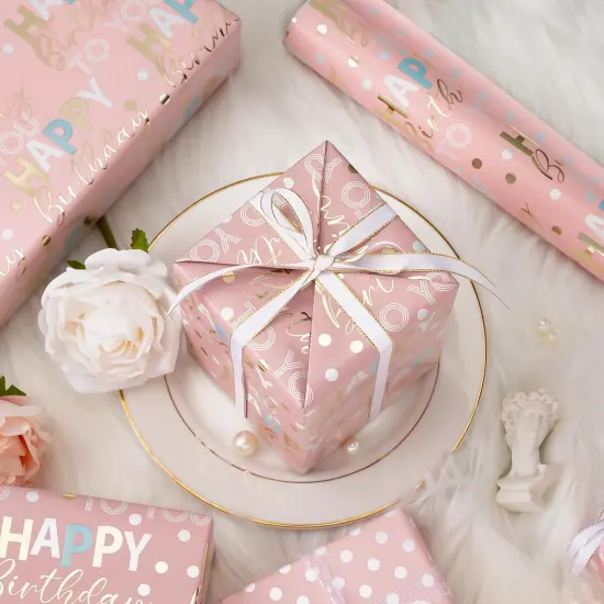 Reversible Pink Birthday Wrapping Paper Roll - 17 Inch X 33 Feet {5}