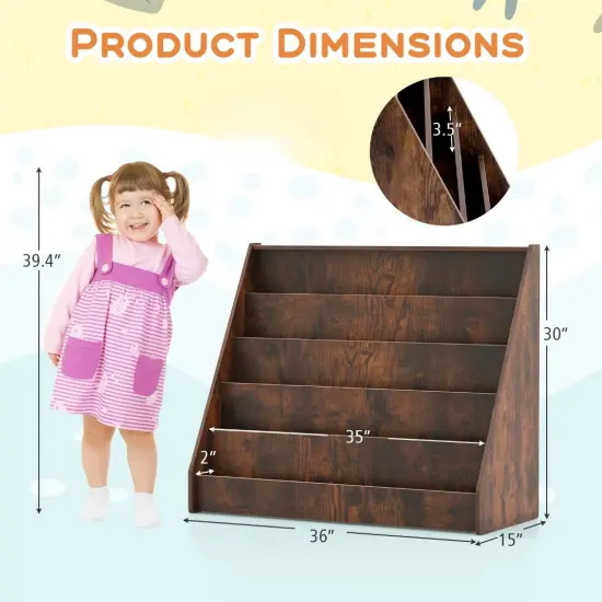 5-Tier Wooden Kids Multi-Purpose Bookshelf with Deep Compartments Suitable for Any Room Rustic Brown {6}