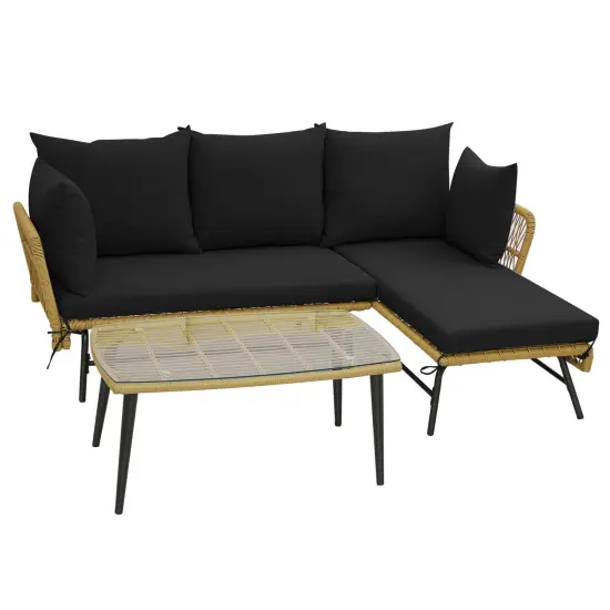 3 Pieces L-Shaped Patio Sofa with Tempered Glass Coffee Table with Metal Frame Beige {7}