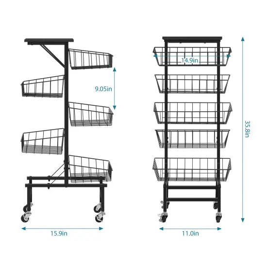 6-Tier Rolling Kitchen Cart with Wooden Top &ndash; Large Metal Fruit & Vegetable Basket Organizer, Rustproof Storage Cart with Wheels for Home, Office, Laundry Room {2}