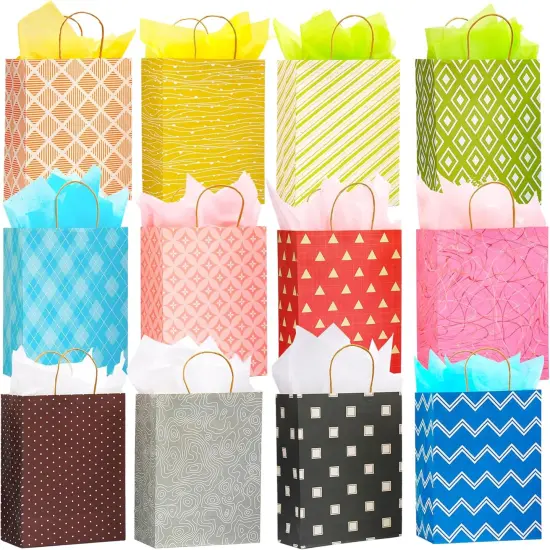 12 Pack 13" Large Kraft Paper Gift Bags Assortment with Tissue Paper & Handles {1}
