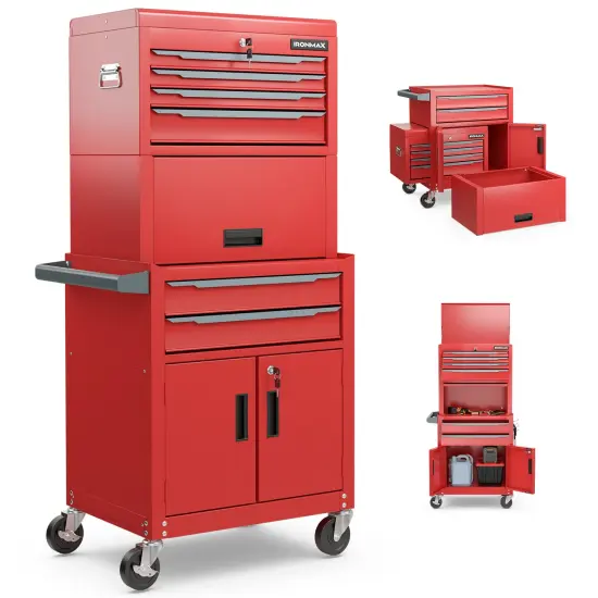 3-in-1 Rolling Tool Chest Storage Cabinet with Universal Wheels and 6 Different Size Drawers Red {6}