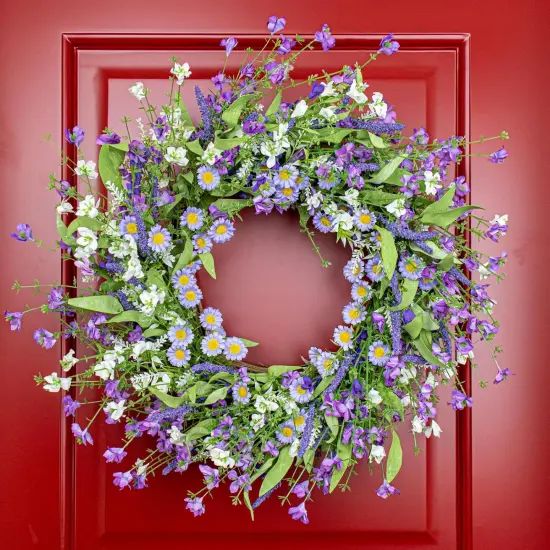 22 Inches Spring Door Wreath Farmhouse Spring Floral Wreaths for Front Door Blue Purple Flower Wreath with Daisy Lavender for Window Front Porch Indoor Outside Decoration {2}