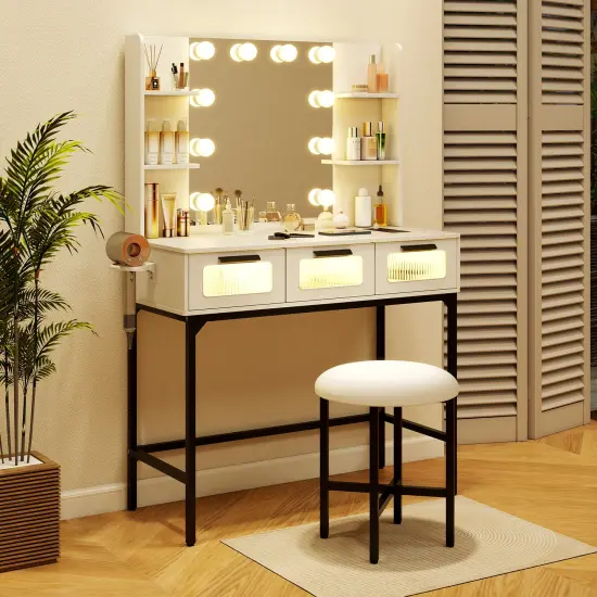 White Vanity Set with 3-Color LED Mirror, Charging Station & Storage {2}
