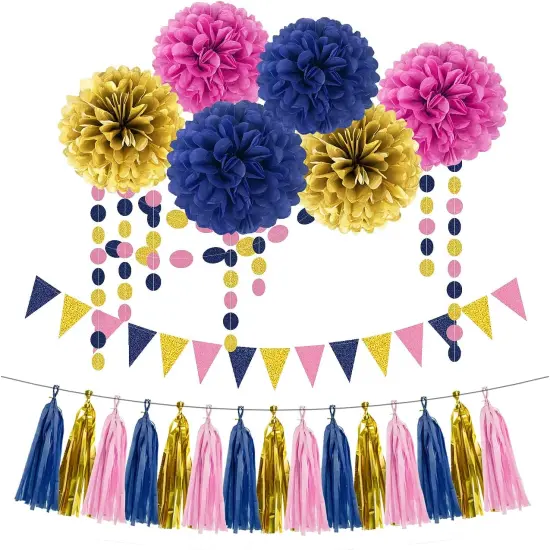 Gold Navy-Blue Pink Party Decorations - 23pcs Tissue Paper Flower Pom Poms Tassel Garland Pennant Banner Flags Streamers Birthday Baby Bridal Shower Engagement Bachelorette Wedding Gender Reveal Decor {1}