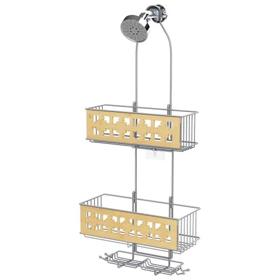 3-Tier Hanging Shower Caddy Over Shower Head &ndash; Rustproof Bathroom Organizer with Soap Holder, Bamboo Board & Hooks, No-Drill Installation (28.7"H, 40 lb Capacity) Silver {2}