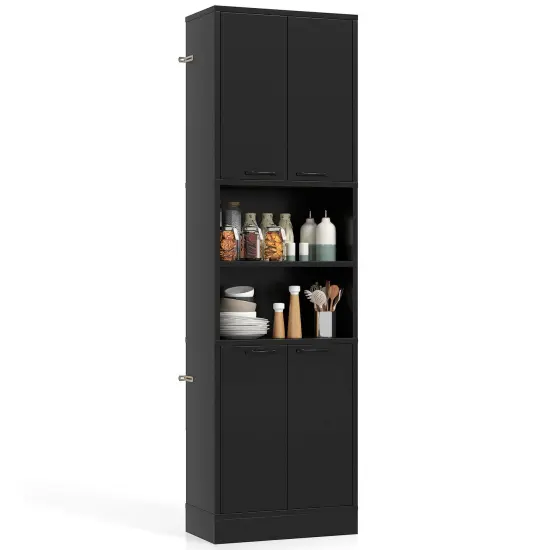 Black Engineered Wood MDF Metal Kitchen Pantry Cabinet with Storage Shelves {1}