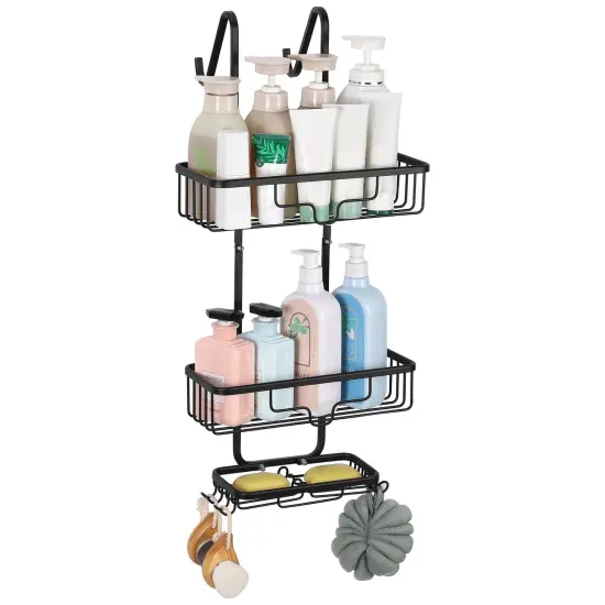 Over The Door Shower Caddy Organizer – 3-Tier Aluminum Hanging Bathroom Storage with 2 Baskets, 4 Hooks & Soap Holder, Rustproof & No Drill Installation (Black) {1}