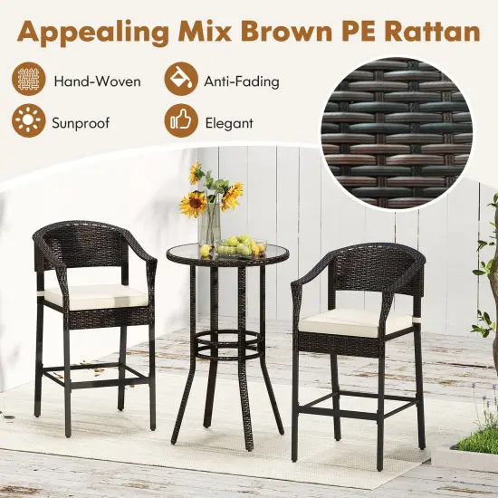 3-Piece Patio Rattan Bar Set with Round Glass Table-Top and 2 Armchairs Brown {6}