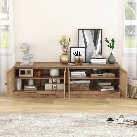Oak Farmhouse TV Stand with Adjustable Shelves, Storage, PE Rattan and Cable Management {6}