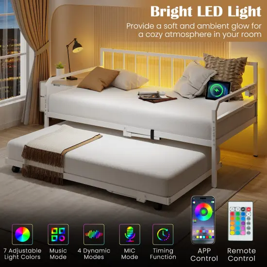 Adjustable Twin Daybed with Pop-Up Trundle, LED Lights and Power Strip White {6}