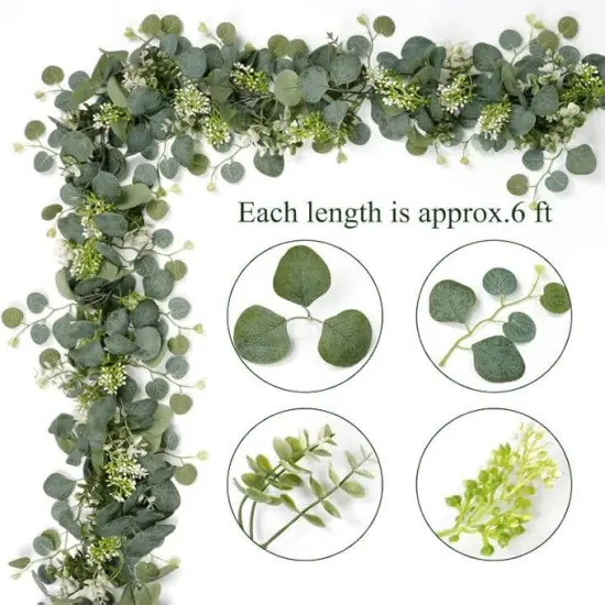 Artificial Eucalyptus Leaves Greenery Garland 2 Packs Faux Eucalyptus Garland Plant Spring Garland Vines with White Flowers Berries Table Runner for Wedding Arch Home Party Mantle Decor {5}