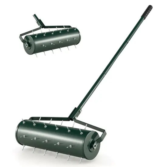 Green Galvanized Steel Lawn Aerator with Spikes, Sand-Filled Drum and Detachable Handle {2}