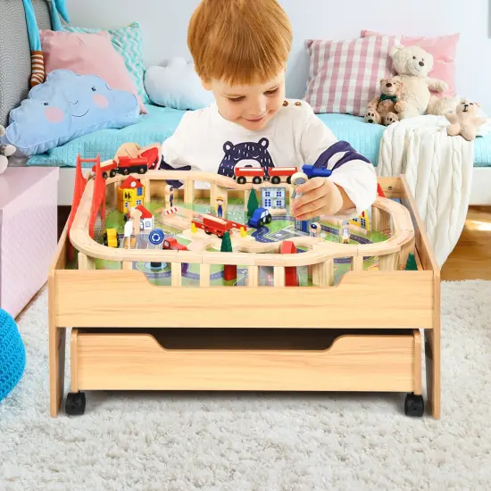 Natural MDF and Wood Train Table with Storage Drawer and 100-Piece Set {2}
