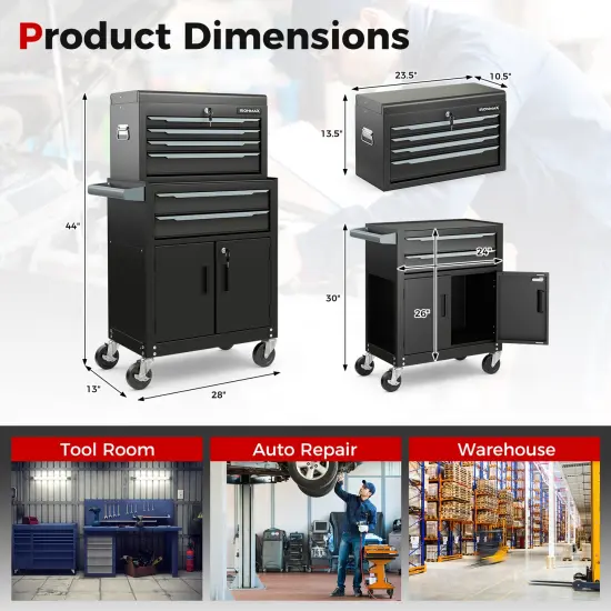 6-Drawer Rolling Tool Storage Chest with Universal Wheels and 2 Door Bottom Cabinet Black {5}