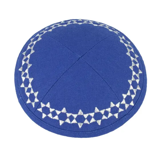 Kippah Blue Silver Embroidery Linen {2}