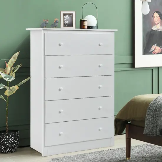 White 5-Drawer Storage Dresser with Anti-Tip Feature and Versatile Use {3}
