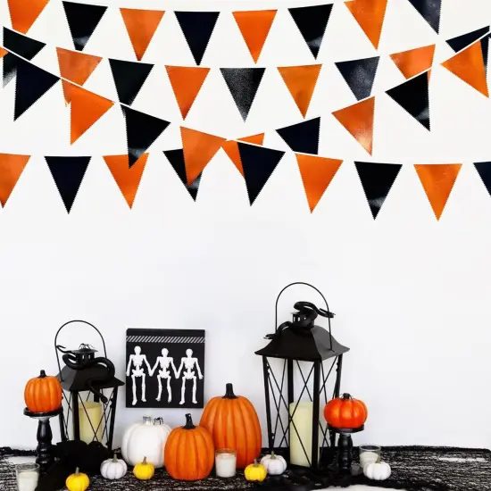 Black Orange Party Decoration Metallic Fabric Triangle Pennant Banner Flag Bunting Garland for Graduation Halloween Fall Autumn Thanksgiving Birthday Wedding Baby Shower Bridal Shower Party Supplies {1}