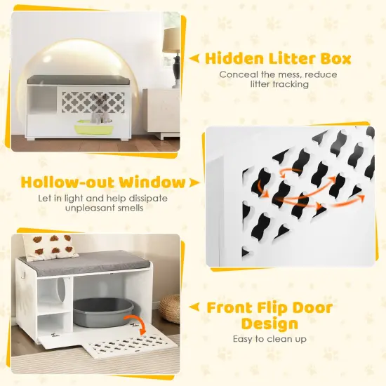 White 4-in-1 Cat Litter Box Enclosure with Removable Cushion and Front Flip Door {6}