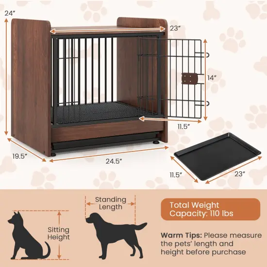 Rustic Brown 2-in-1 Wooden Dog Crate End Table with Removable Pull-Out Tray and Lockable Door {5}
