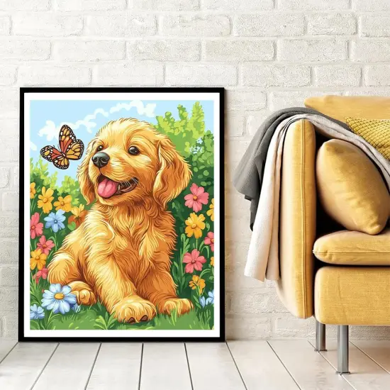 Paint by Numbers Kit for Adults Beginners, 16" Wx20 L Canvas Pictures Painting Acrylic Paintwork with 3 Pcs Paintbrushes, Dog Plays with Butterfly {3}