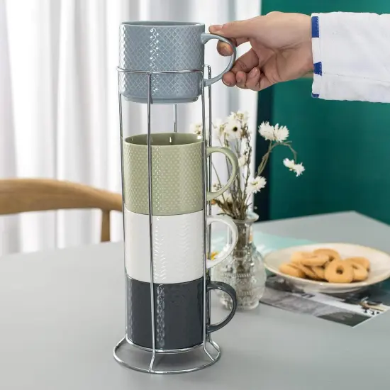 Coffee Mugs, Stackable Porcelain Coffee Cups Gift Set of 4 with Metal Stand {3}