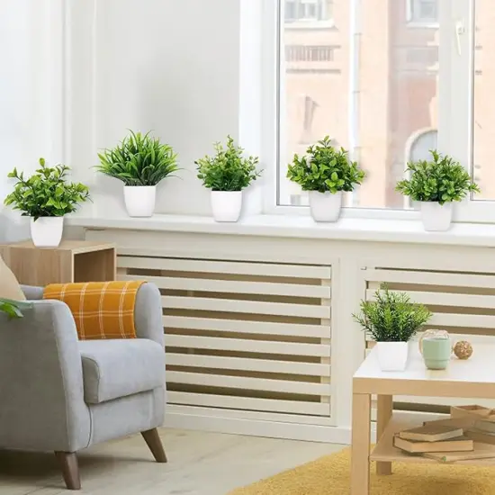 6 Pot Small Fake Plant Flowerpot Artificial Plastic Eucalyptus Plant Wheat Grass Shrub Plant Indoor Desk Coffee Table Bathroom Bedroom Home Decoration (6) {4}