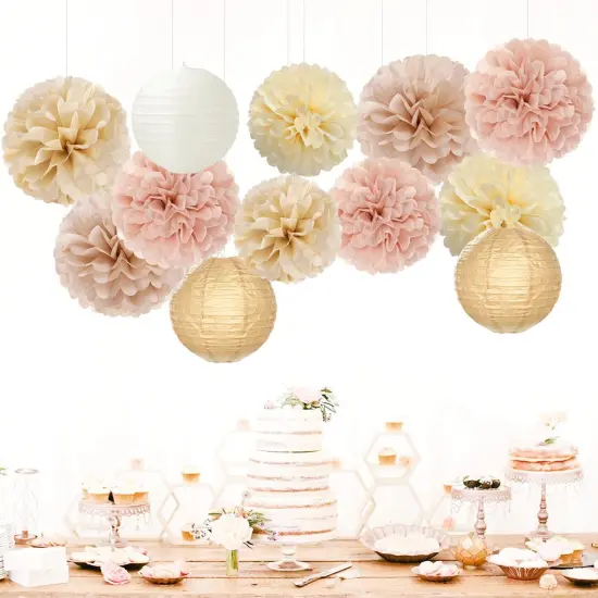 Champagne-Gold White Party-Decorations Paper-Flowers Lanterns - 15PCS Boho Fall Rustic Tissue Pom Poms Streamers,Wedding Baby Bridal Shower Neutral Autumn Birthday Hanging Supplies Decor Hugfond {3}