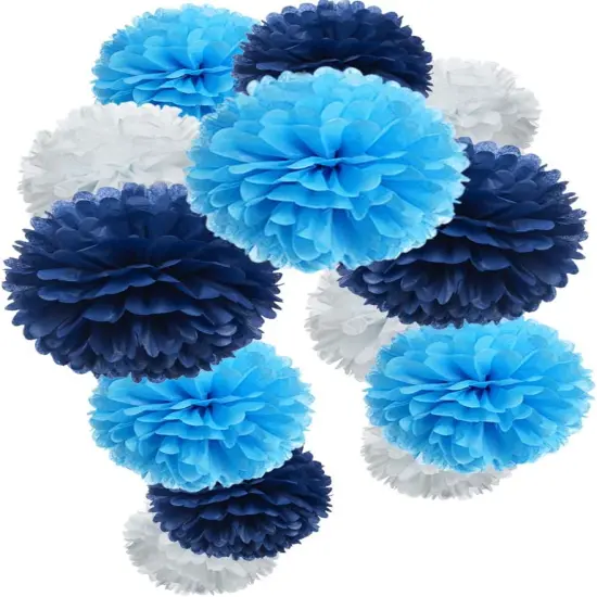 Paper Flower Tissue Pom Poms Party Supplies (navy blue,turqoise blue,white,12pc) {1}