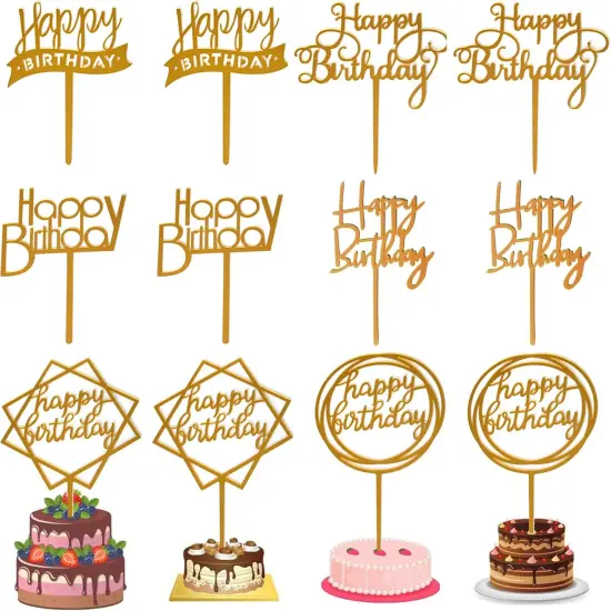 12 Pack Multi Styles Birthday Cake Topper Set, Acrylic Cake Bunting Decor Birthday Cake Picks Party Decorations Supplies(Gold) {1}