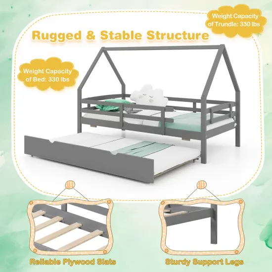 Twin House Bed with Trundle and Fence Rail for Kids Room Gray {6}