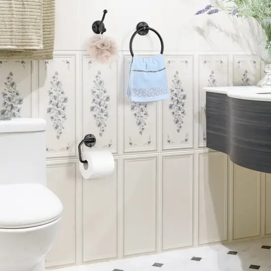 4-Piece Wall-Mounted Bathroom Accessories Set Matte Black Towel Ring, Toilet Paper Holder & 2 Double Robe Hooks Space-Saving Modern Bathroom Hardware {5}