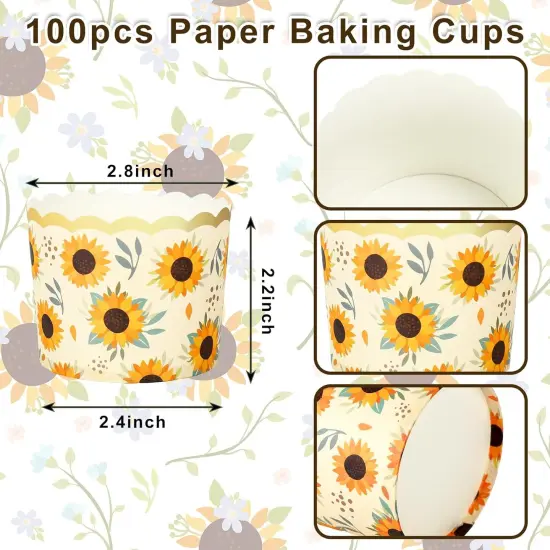100Pcs Sunflower Paper Baking Cups with Scalloped Gold Rim Yellow Green Sunflower Cupcake Wrappers Cupcake Muffin Cases for Summer Party Supplies {2}