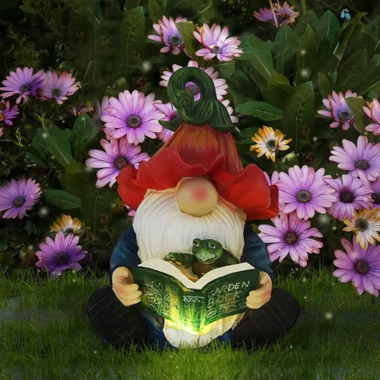 Garden Gnome Statue-Resin Gnome Figurine Hugging Turtle Reading Book with Solar LED Lights {1}