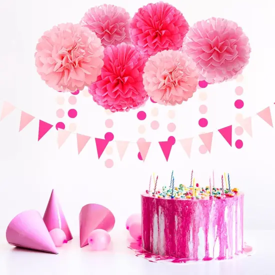 Rose Hot Pink Party Decorations - 23pcs Girl Birthday Baby Shower Tissue Pom Poms Streamers, Bachelorette Bridal Wedding Engagement Supplies Tassel Garland Banner, Favors Decor {5}