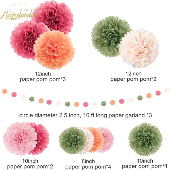 Wedding Party Decorations - 15Pcs Pink, Sage Green, Ivory Tissue Paper Pom Pom for Birthday Pastel Decorations, Engagement Baby/Bridal Shower Anniversary Valentine Dot Paper Backdrop Decor {3}