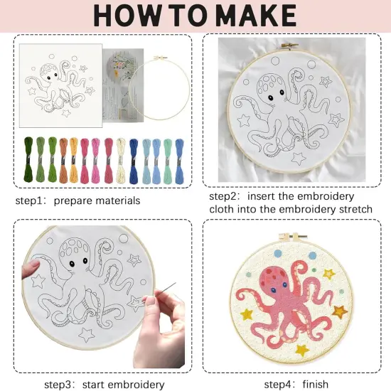 4 Sets Embroidery Kit for Beginners with Sea Animals Pattern DIY Embroidery Kit {3}
