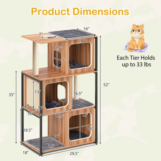Natural Gray Engineered Wood Multi-Level Cat Tower with Metal Frame {5}