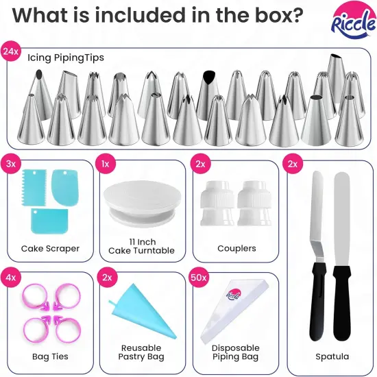 88 pcs Cake Decorating Kit with Cake Turntable - Includes 50 Disposable + 2 Reusable Piping Bags and Tips Set, 24 Icing Piping Tips, 2 Spatulas, 3 Icing Comb Scraper, Baking Supplies {3}