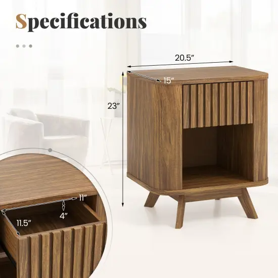 Walnut MDF Nightstand with Drawer and Open Shelf for Bedroom {5}