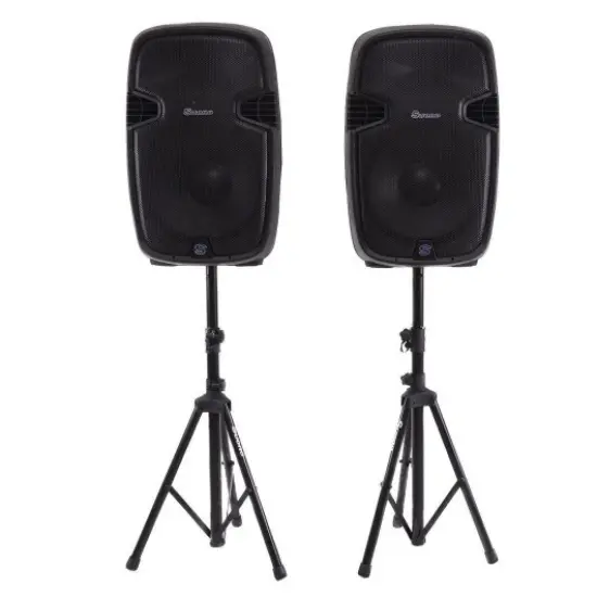 Active 2-Way 12 inches DJ Speaker Set with Wireless Remote, Stands and Microphone {1}