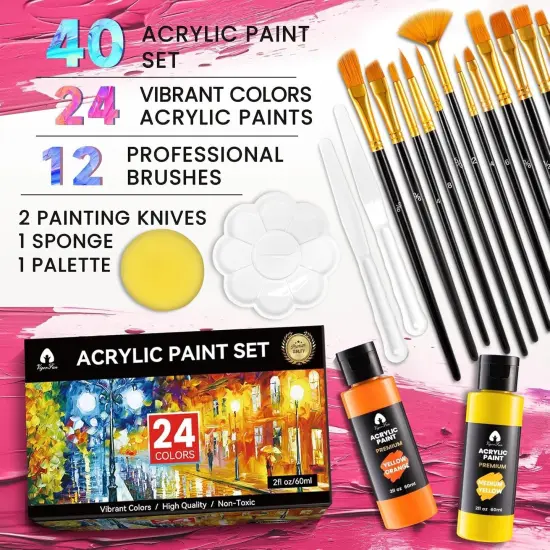 40 Pcs Acrylic Paint Set with 12 Brushes, 2 Knives & Palette - 24 Colors (2oz/60ml) for Adults, Kids, Artists & Beginners - Easter Basket Stuffers, Rock & Egg Painting Kit {2}