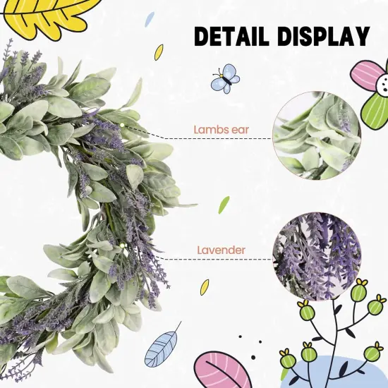 20" Spring Lavender Wreath for Front Door - Spring Door Wreath with Purple Floral Design, Lambs Ear, Wall Hanging for Farmhouse D&eacute;cor, Indoor Outdoor Use, Party & Holiday {3}