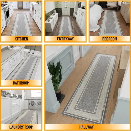 Machine Washable Bordered Design Non-Slip Rubberback 3x10 Traditional Runner Rug for Hallway, Kitchen, Bedroom, Living Room, 2'7" x 9'10", Light Gray {3}