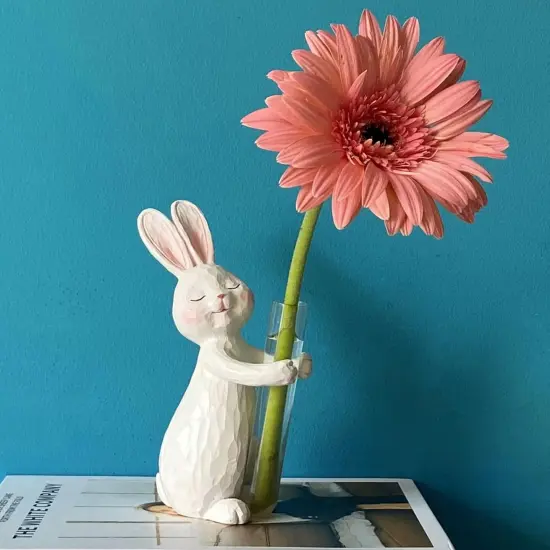 Easter Rabbit Figure Flower Vase, Sculpted Hand-Painted Resin Figurine Statue, Inner Peace Home Decor House Warming Birthday Friendship Figurines Gifts - Pearl White {1}