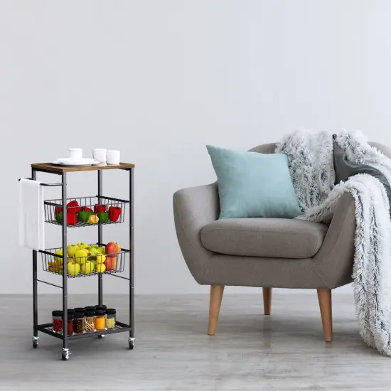 4-Tier Rolling Kitchen Organizer Cart with 2 Pull-Out Baskets & Rustic Wood Top &ndash; Industrial Metal Storage Shelf for Home, Bathroom, Laundry (80lb Capacity) {4}