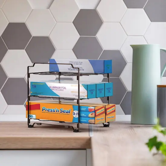 Upgraded Kitchen Wrap Organizer Rack - Non-Slip, Stackable Foil & Plastic Wrap Storage for Cabinets/Countertops - Space-Saving Design (7.7"L x 9.5"W x 9.4"H) Brown {5}