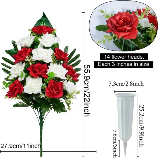 Artificial Cemetery Flowers, Memorial Rose Flowers Grave Decoration Flower Bouquets with Vase for Cemetery Graveyard Headstones Decor, Set of 2 (Red&White) {2}